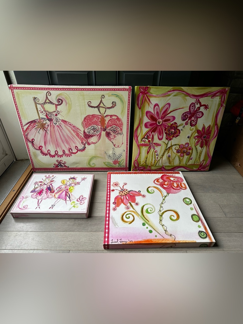 Lot Of 4 Liesl Long Dancing Ballerina Pink Floral Canvas Nursery Wall Art Decor